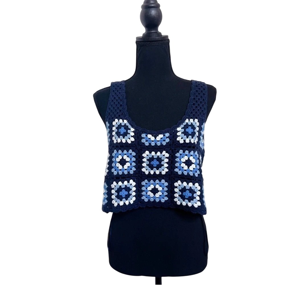 Sincerely Jules Womens‎ Blue Crochet Granny Square Crop Tank Top Size Medium NWT